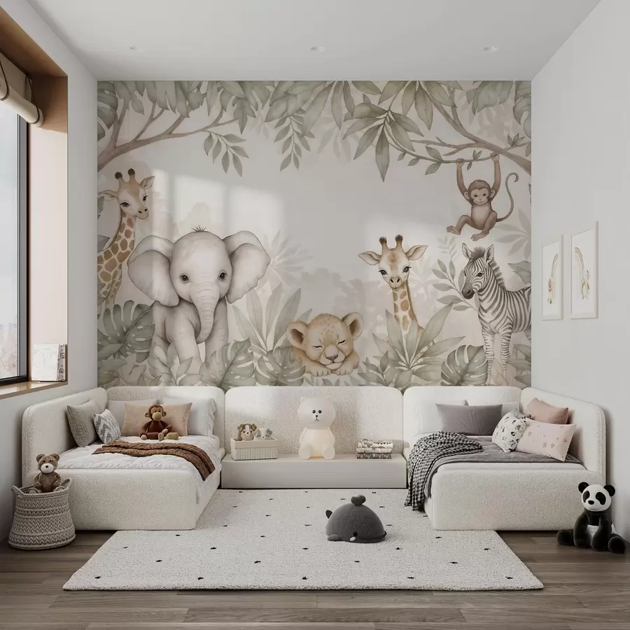 wall murals Adorable safari animals among tropical foliage in a watercolor style w09885