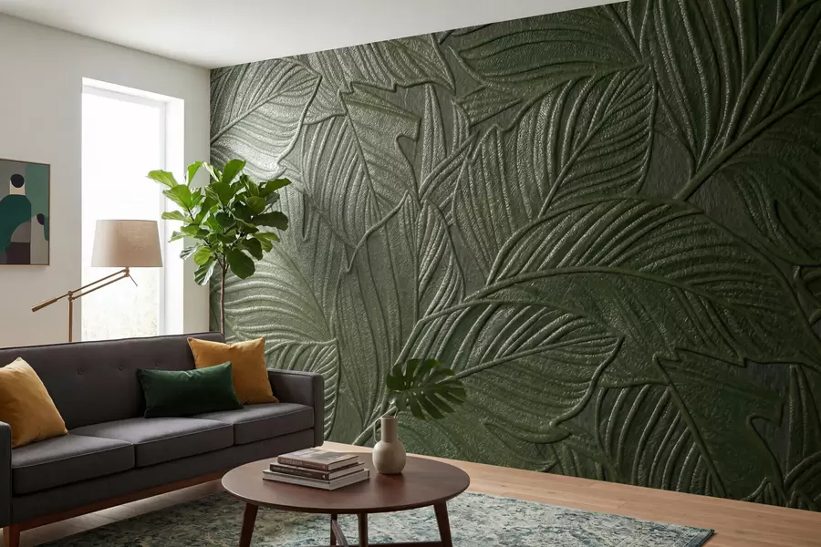 wall murals Embossed tropical leaves with delicate relief in lush green tones w09886v1