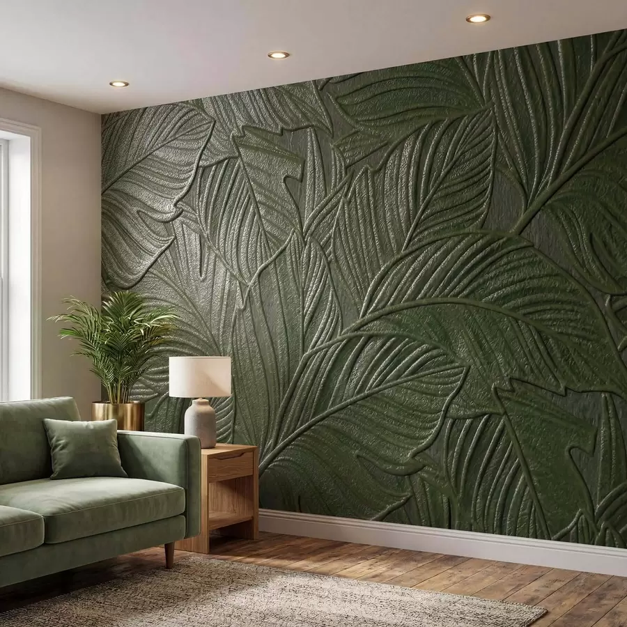 wall murals Embossed tropical leaves with delicate relief in lush green tones w09886v1