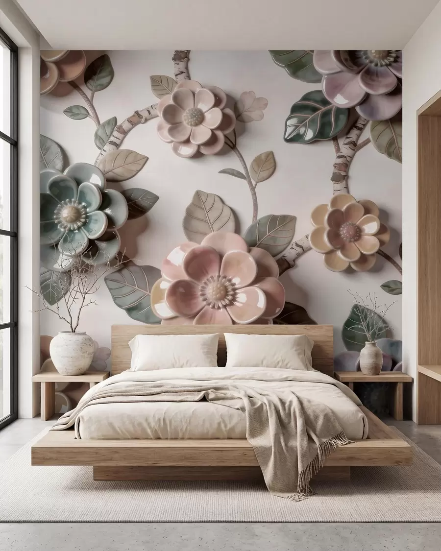wall murals Three-dimensional ceramic flowers in a soft pastel palette w09887