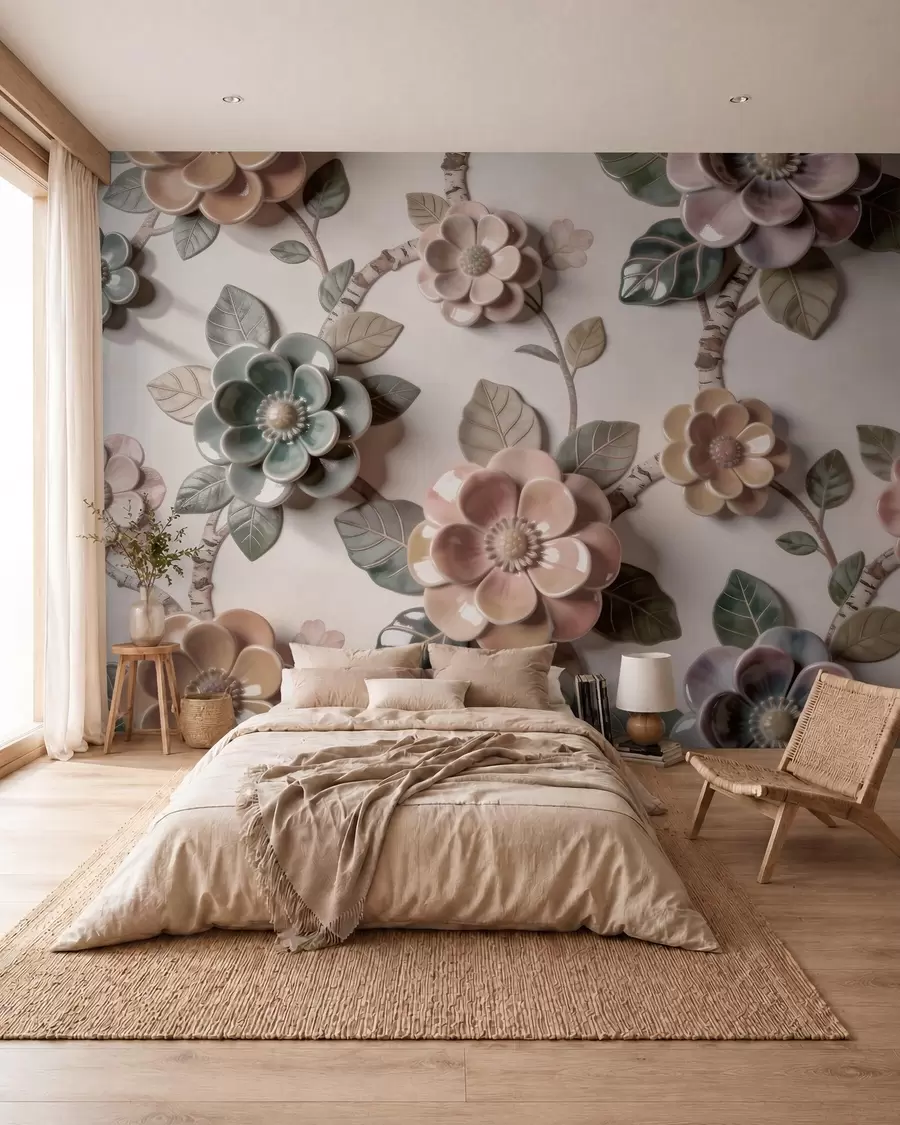 wall murals Three-dimensional ceramic flowers in a soft pastel palette w09887