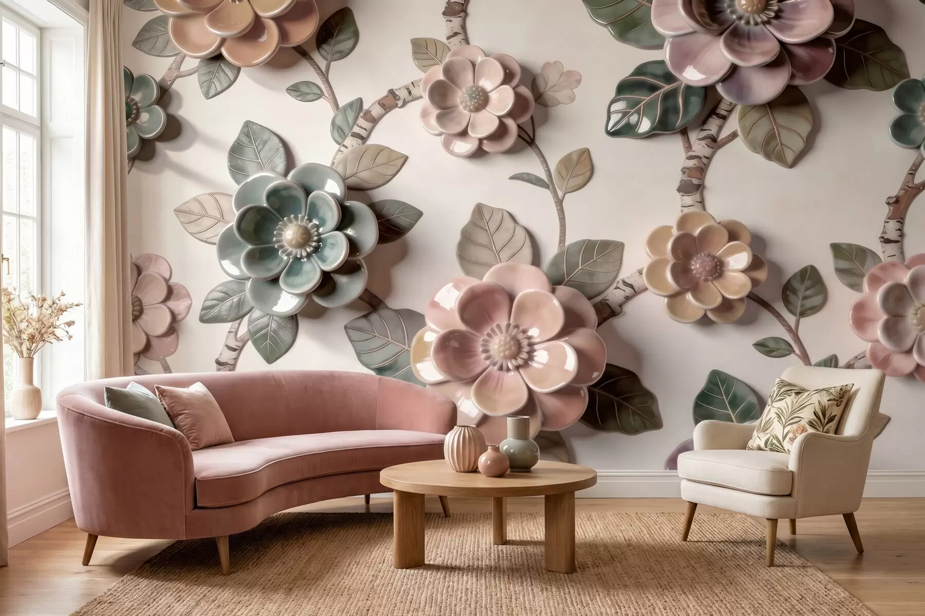 wall murals Three-dimensional ceramic flowers in a soft pastel palette w09887