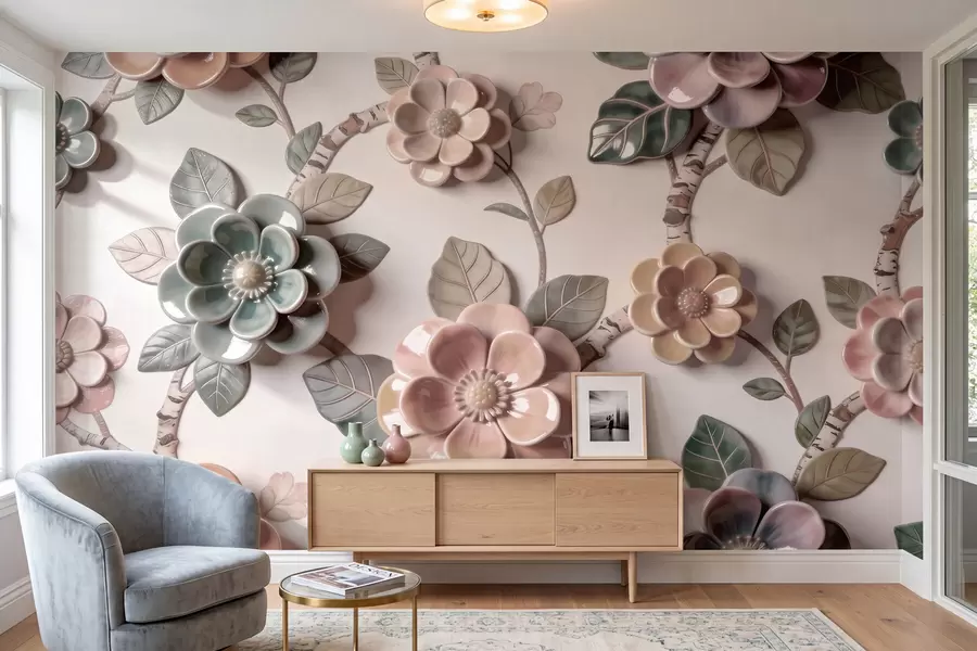 wall murals Three-dimensional ceramic flowers in a soft pastel palette w09887