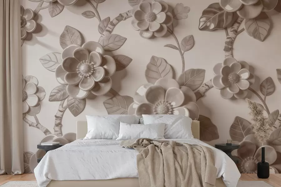 wall murals Elegant beige arrangement of sculpted three-dimensional flowers w09887v1