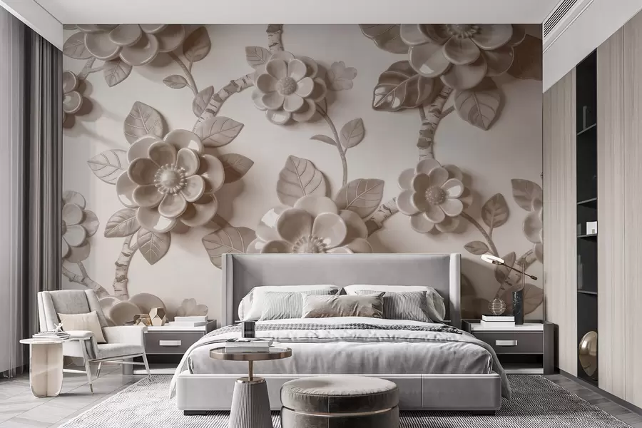 wall murals Elegant beige arrangement of sculpted three-dimensional flowers w09887v1