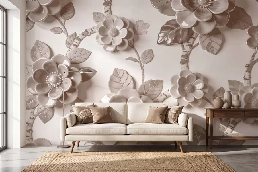 wall murals Elegant beige arrangement of sculpted three-dimensional flowers w09887v1