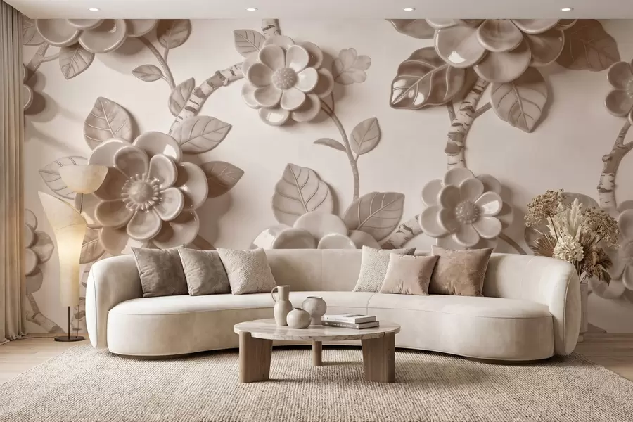wall murals Elegant beige arrangement of sculpted three-dimensional flowers w09887v1