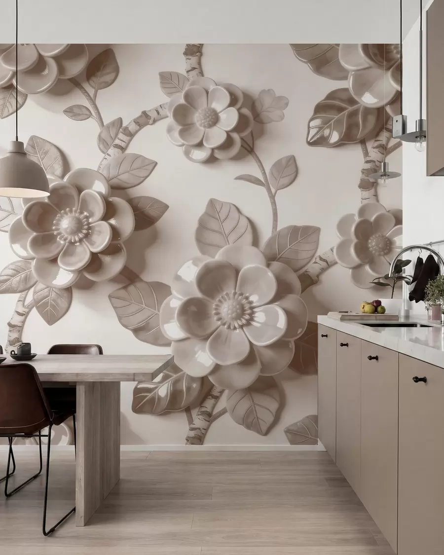 wall murals Elegant beige arrangement of sculpted three-dimensional flowers w09887v1