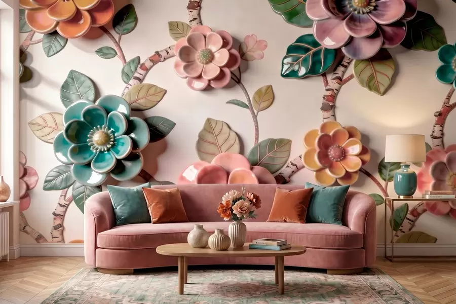 wall murals Three-dimensional ceramic flowers and leaves in a vibrant color palette w09887v2