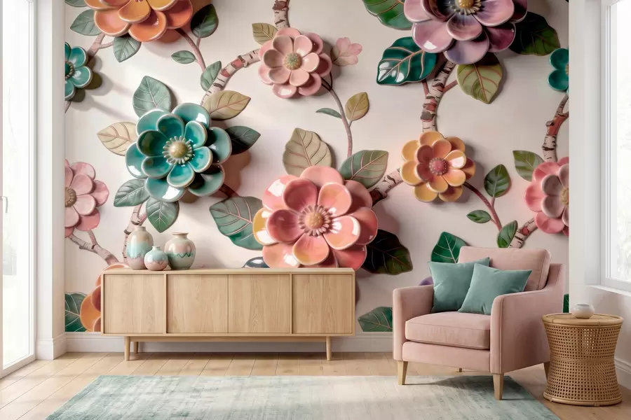 wall murals Three-dimensional ceramic flowers and leaves in a vibrant color palette w09887v2