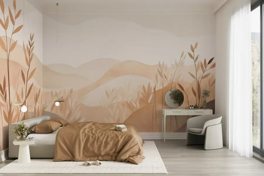 wall murals Abstract landscape with rolling hills in shades of brown and beige, textured art w09617
