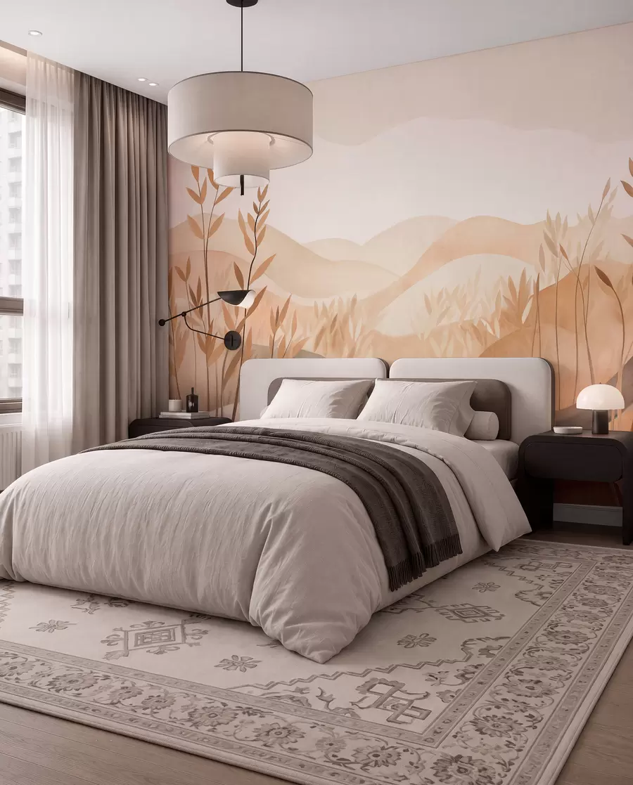 wall murals Abstract landscape with rolling hills in shades of brown and beige, textured art w09617