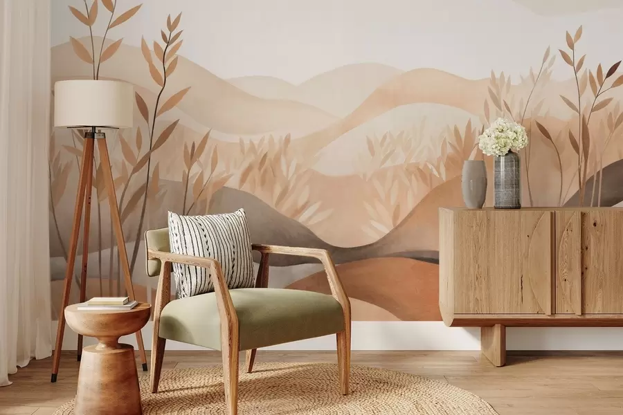 wall murals Abstract landscape with rolling hills in shades of brown and beige, textured art w09617