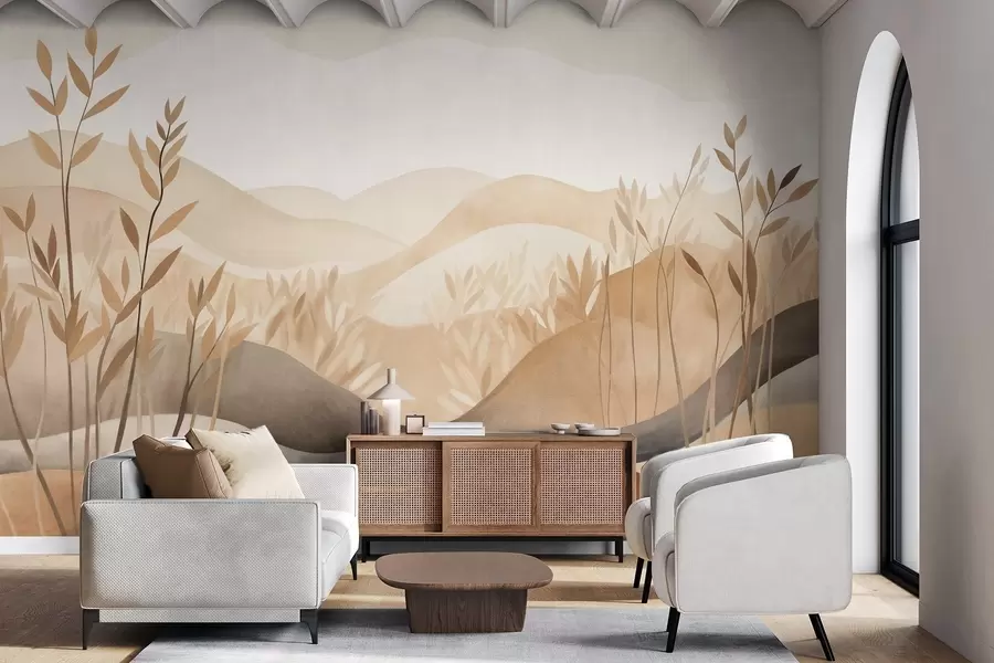 wall murals Abstract landscape with rolling hills in shades of brown and beige, textured art w09617
