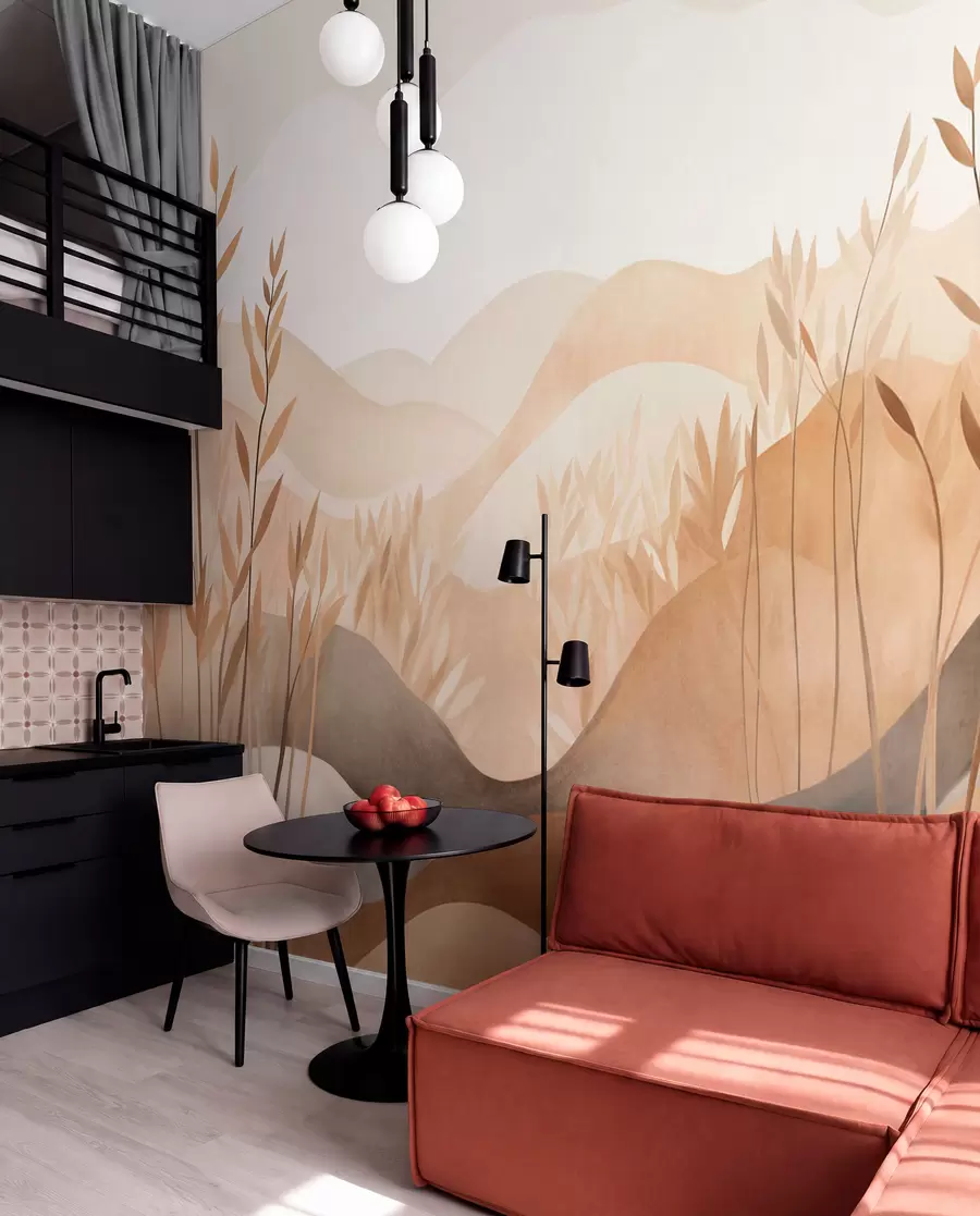 wall murals Abstract landscape with rolling hills in shades of brown and beige, textured art w09617