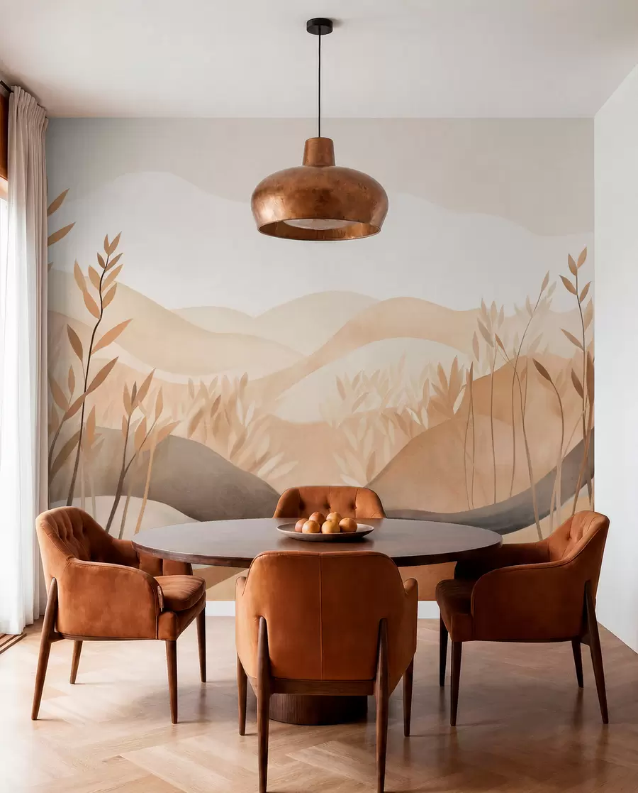 wall murals Abstract landscape with rolling hills in shades of brown and beige, textured art w09617