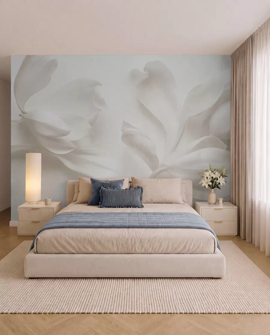 wall murals Textured white magnolia flowers with delicate petals, blurred light background w09771