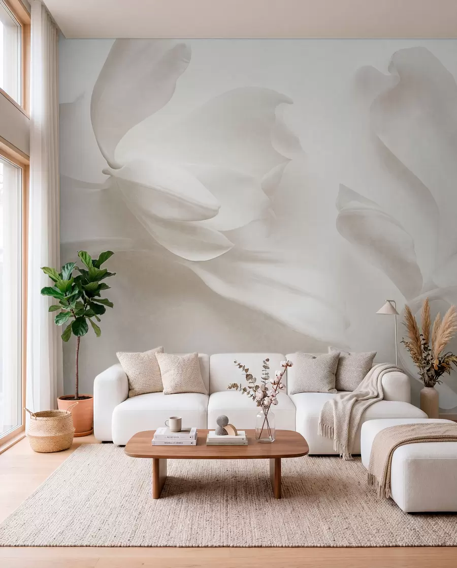 wall murals Textured white magnolia flowers with delicate petals, blurred light background w09771