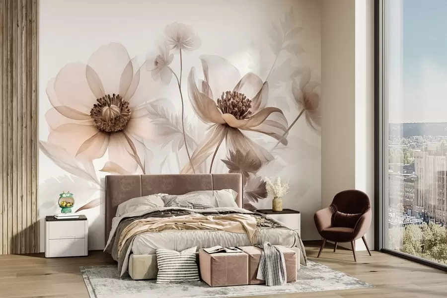 wall murals Large, translucent, sepia-toned flowers delicate petals, feathery leaves and smaller blooms w09900