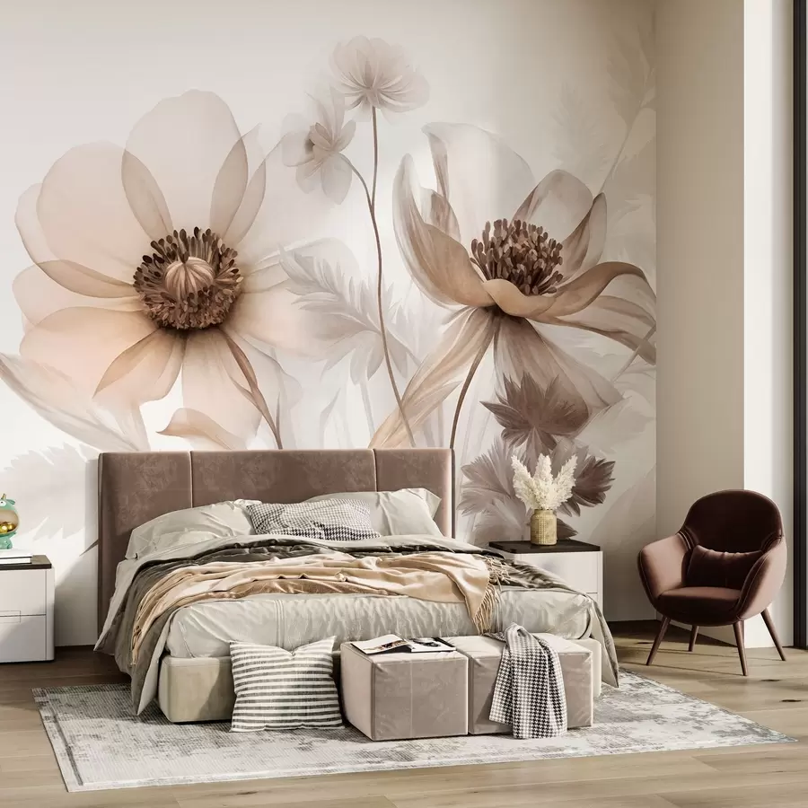 wall murals Large, translucent, sepia-toned flowers delicate petals, feathery leaves and smaller blooms w09900