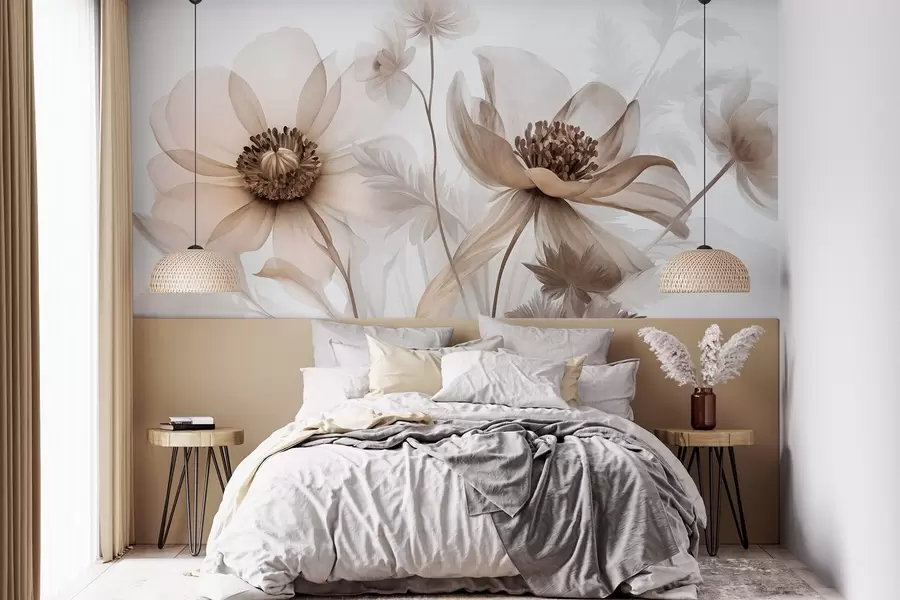 wall murals Large, translucent, sepia-toned flowers delicate petals, feathery leaves and smaller blooms w09900