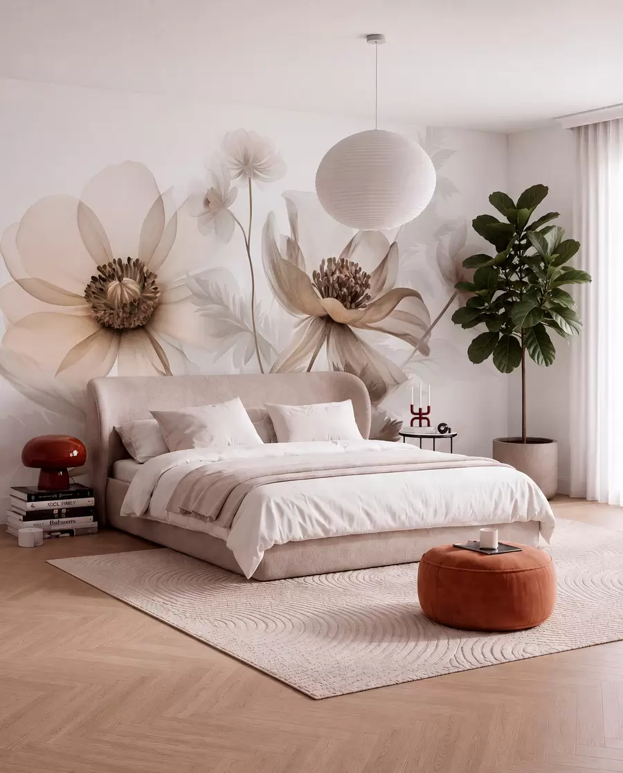 wall murals Large, translucent, sepia-toned flowers delicate petals, feathery leaves and smaller blooms w09900