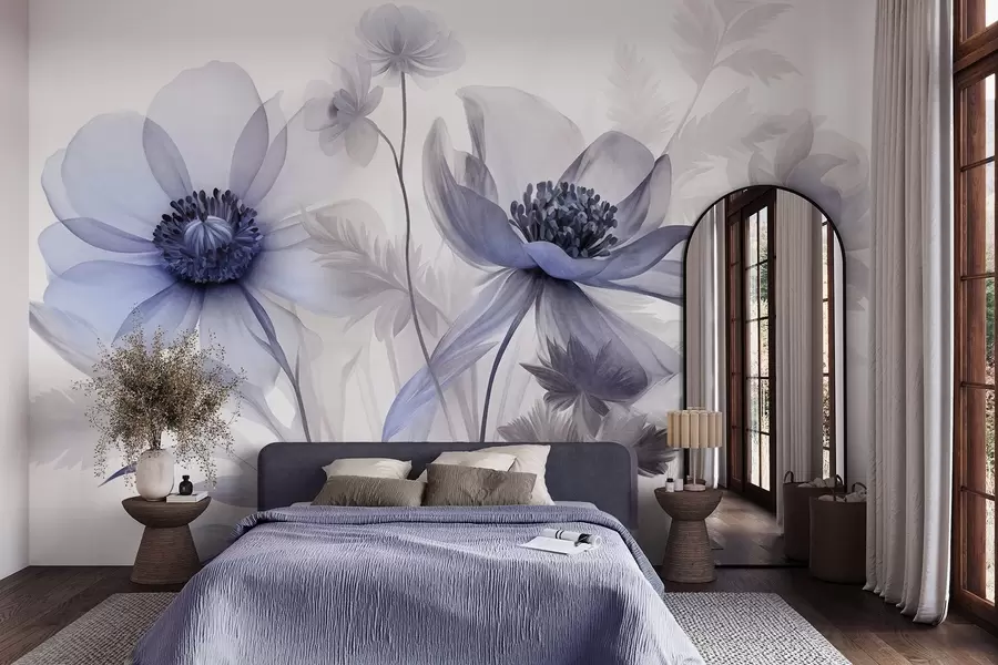 wall murals Large, translucent, blue-toned flowers delicate petals, feathery leaves and smaller blooms w09900v1