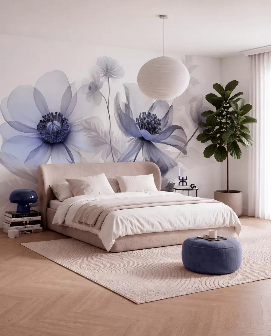 wall murals Large, translucent, blue-toned flowers delicate petals, feathery leaves and smaller blooms w09900v1