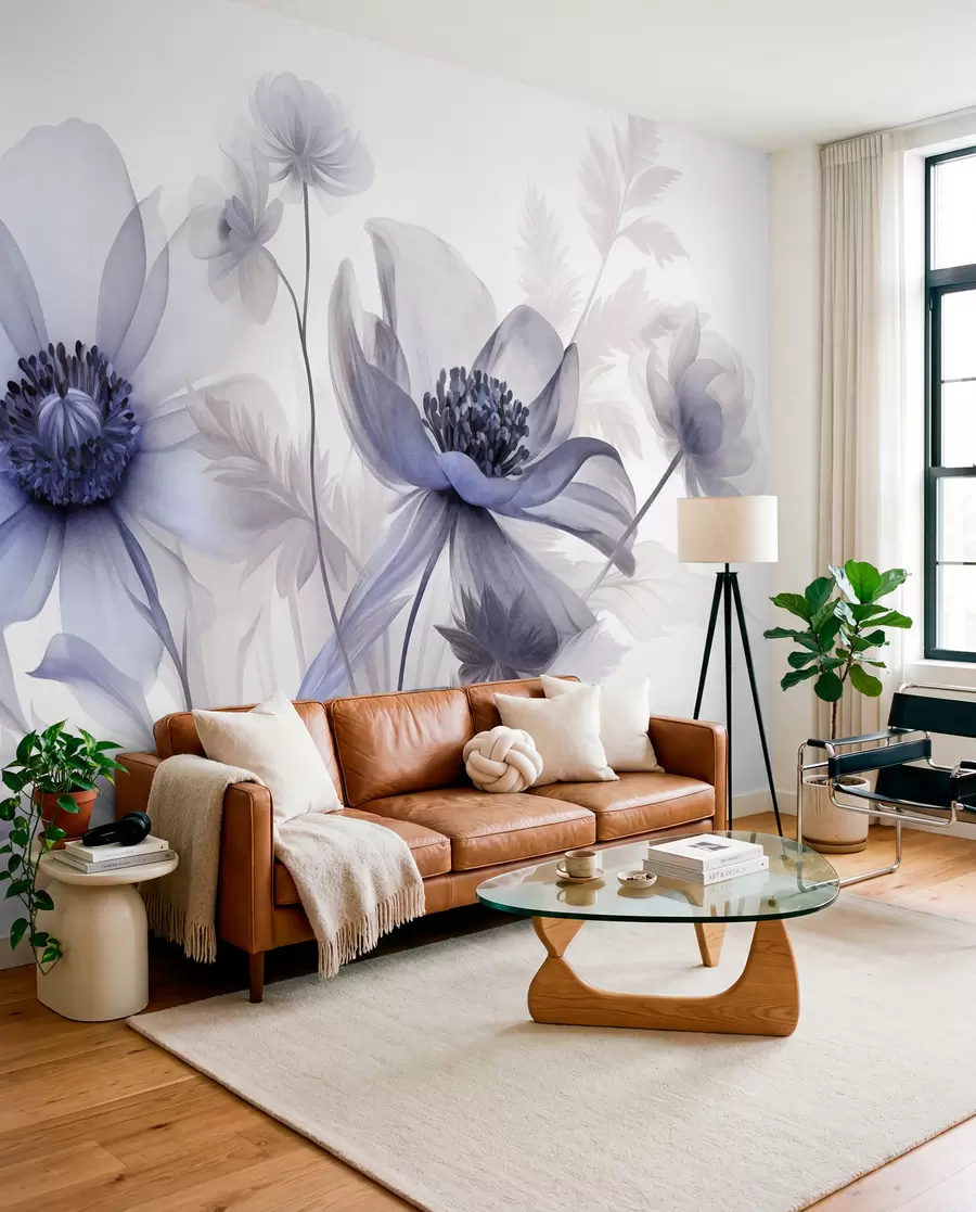 wall murals Large, translucent, blue-toned flowers delicate petals, feathery leaves and smaller blooms w09900v1