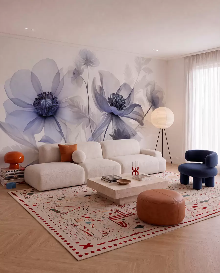 wall murals Large, translucent, blue-toned flowers delicate petals, feathery leaves and smaller blooms w09900v1