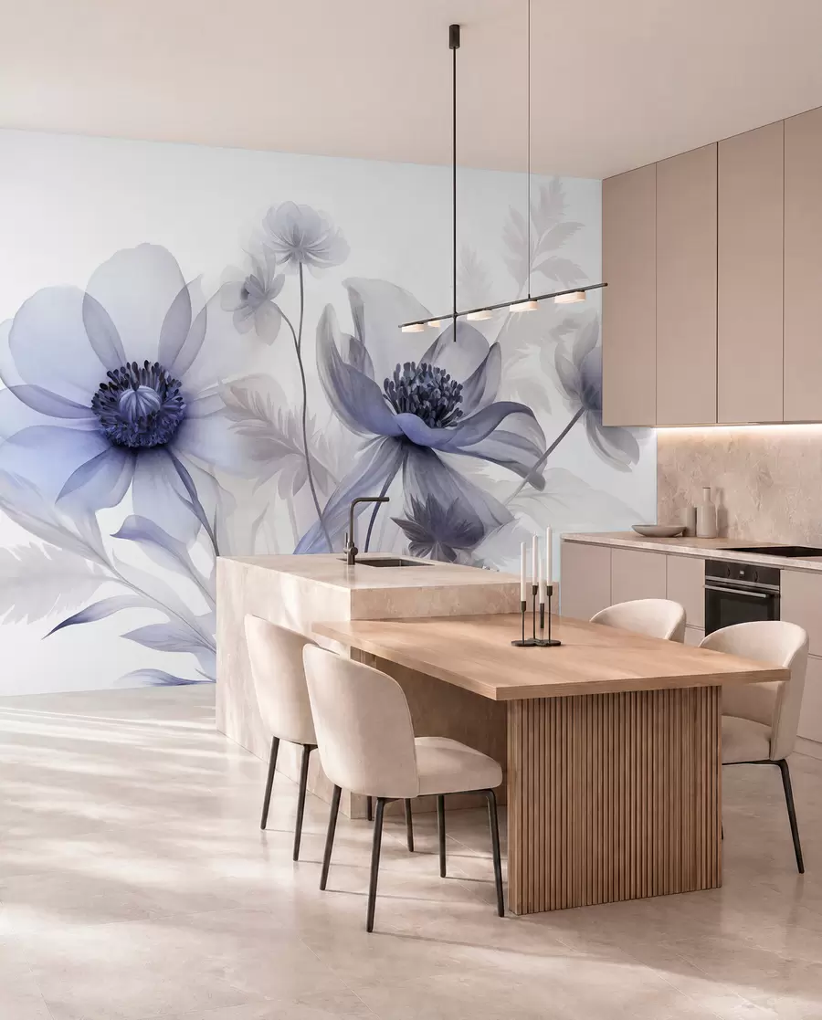 wall murals Large, translucent, blue-toned flowers delicate petals, feathery leaves and smaller blooms w09900v1