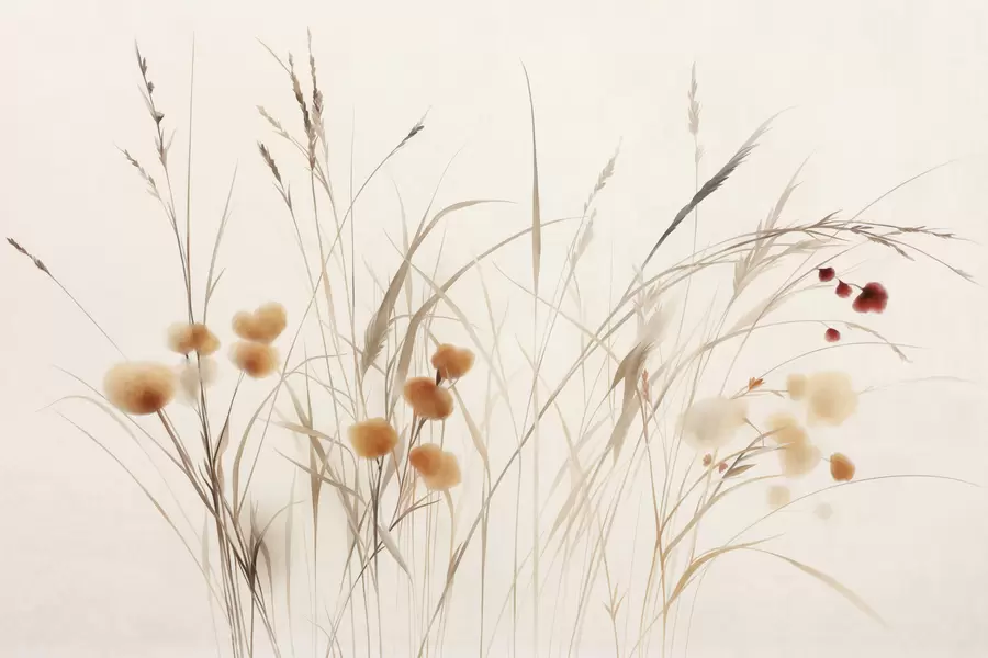 wall murals Tall grasses and small orange wildflowers against a pale background, textured boho style w09902