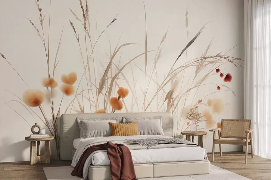 wall murals Tall grasses and small orange wildflowers against a pale background, textured boho style w09902