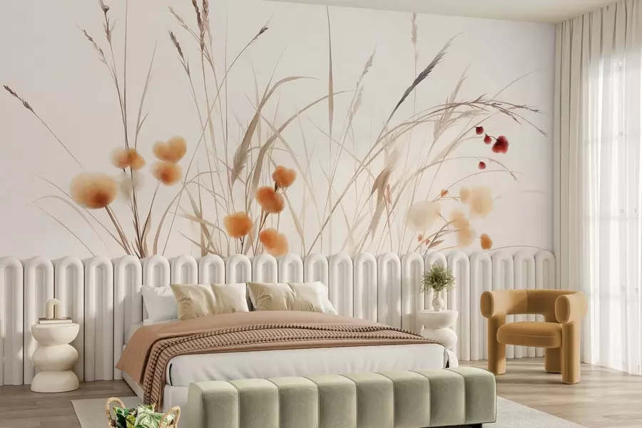 wall murals Tall grasses and small orange wildflowers against a pale background, textured boho style w09902