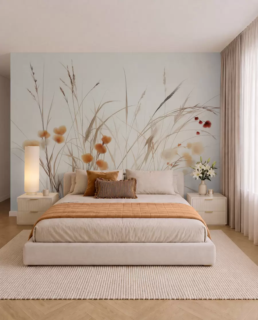 wall murals Tall grasses and small orange wildflowers against a pale background, textured boho style w09902