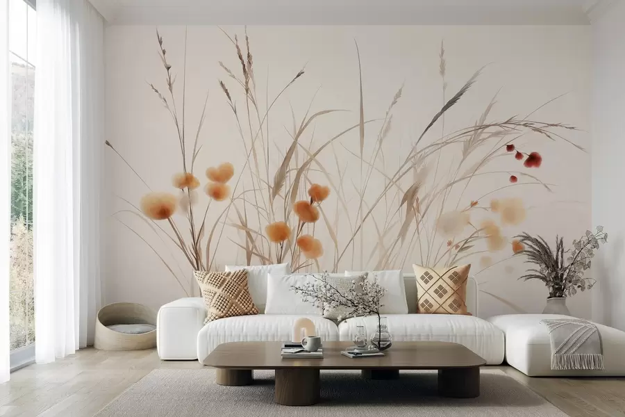 wall murals Tall grasses and small orange wildflowers against a pale background, textured boho style w09902