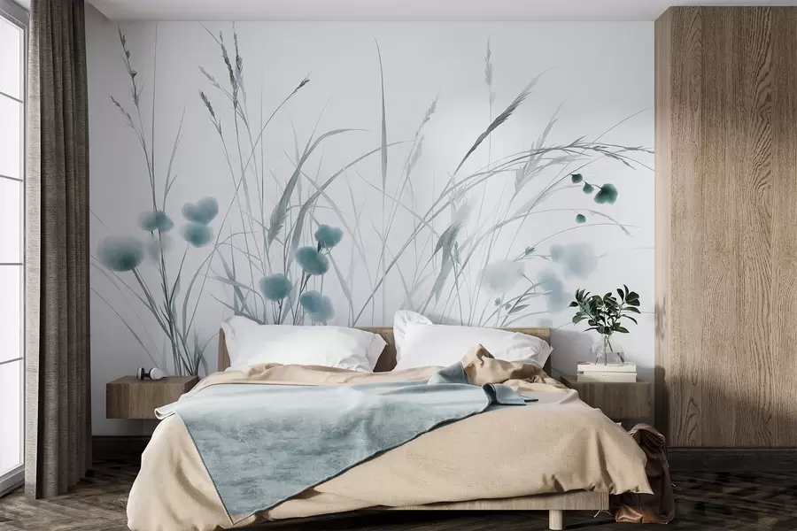 wall murals Tall grasses and small blue wildflowers against a pale background, textured boho style w09902v1