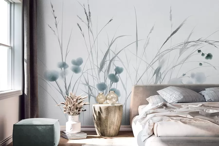 wall murals Tall grasses and small blue wildflowers against a pale background, textured boho style w09902v1
