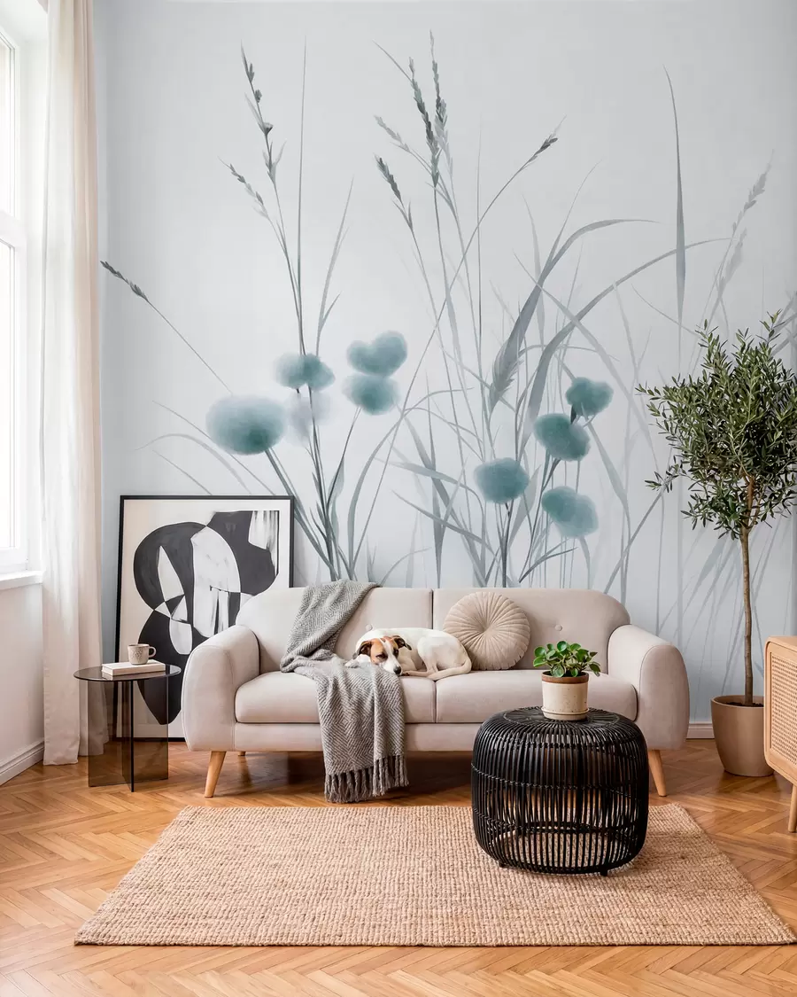 wall murals Tall grasses and small blue wildflowers against a pale background, textured boho style w09902v1