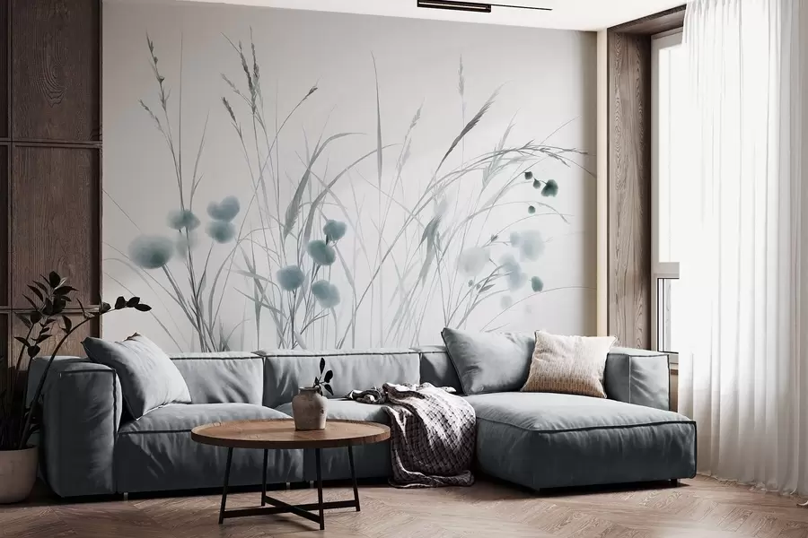 wall murals Tall grasses and small blue wildflowers against a pale background, textured boho style w09902v1