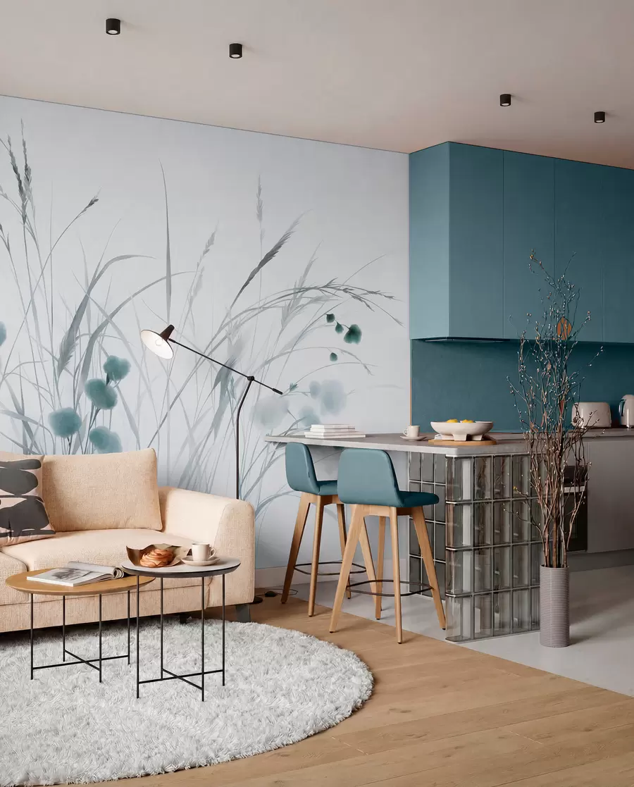 wall murals Tall grasses and small blue wildflowers against a pale background, textured boho style w09902v1