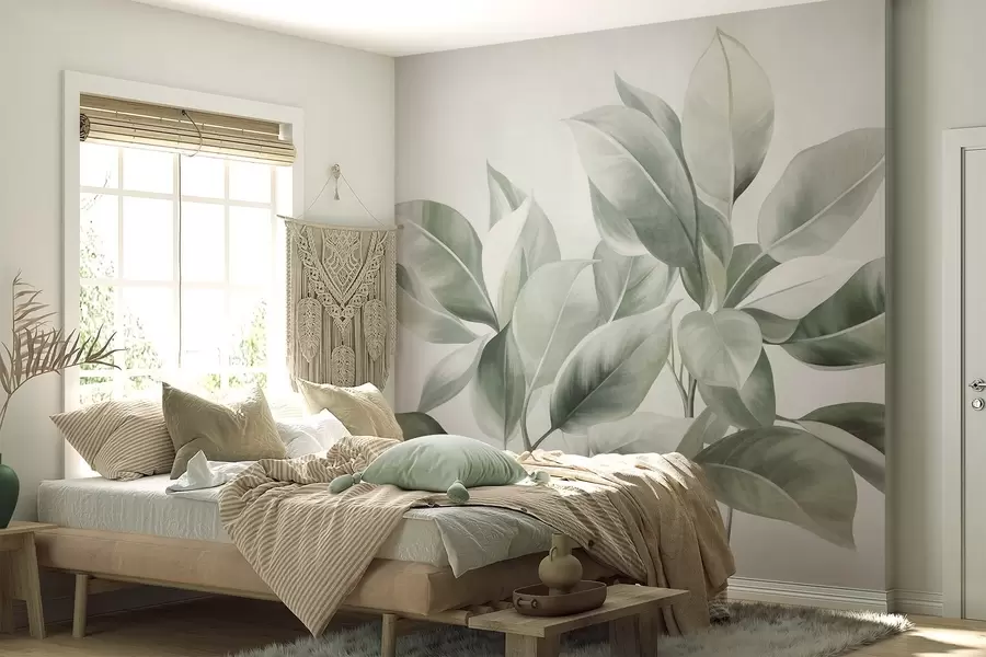 wall murals Light green leaves against a pale, soft background, textured boho style w09909