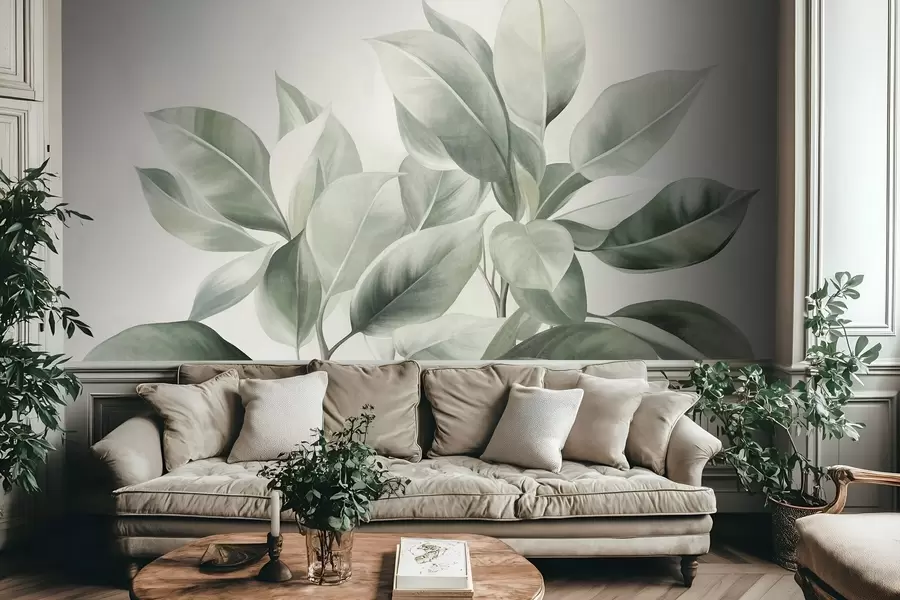 wall murals Light green leaves against a pale, soft background, textured boho style w09909