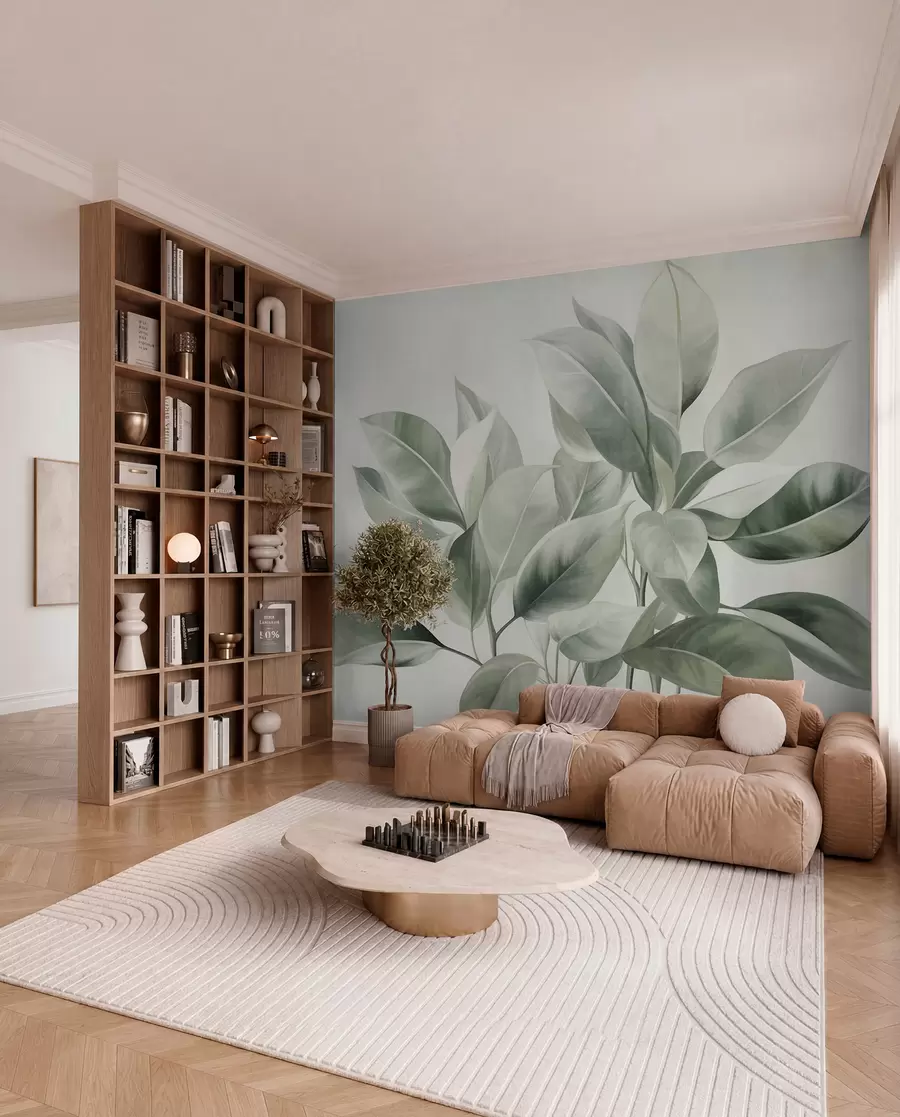 wall murals Light green leaves against a pale, soft background, textured boho style w09909
