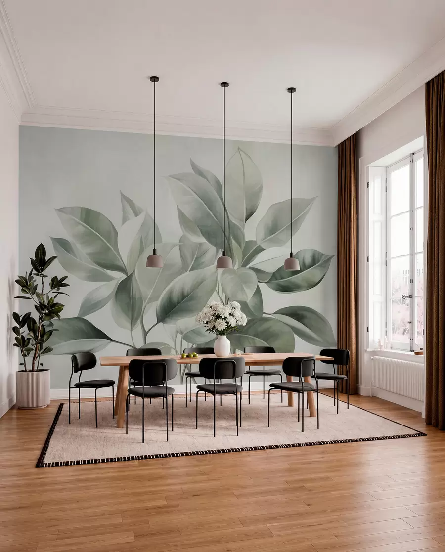 wall murals Light green leaves against a pale, soft background, textured boho style w09909