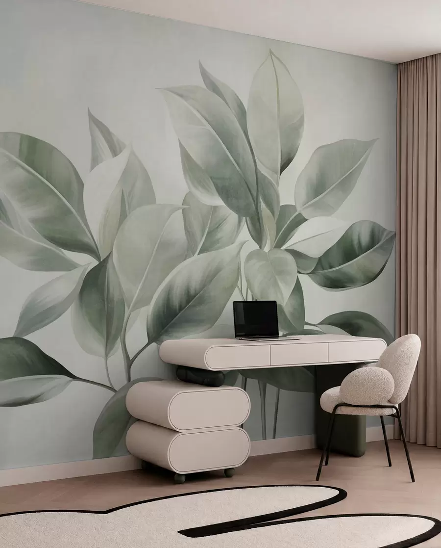 wall murals Light green leaves against a pale, soft background, textured boho style w09909