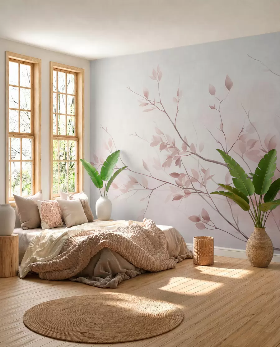 wall murals Delicate branches with soft pink leaves against a pale background, watercolor style w09910