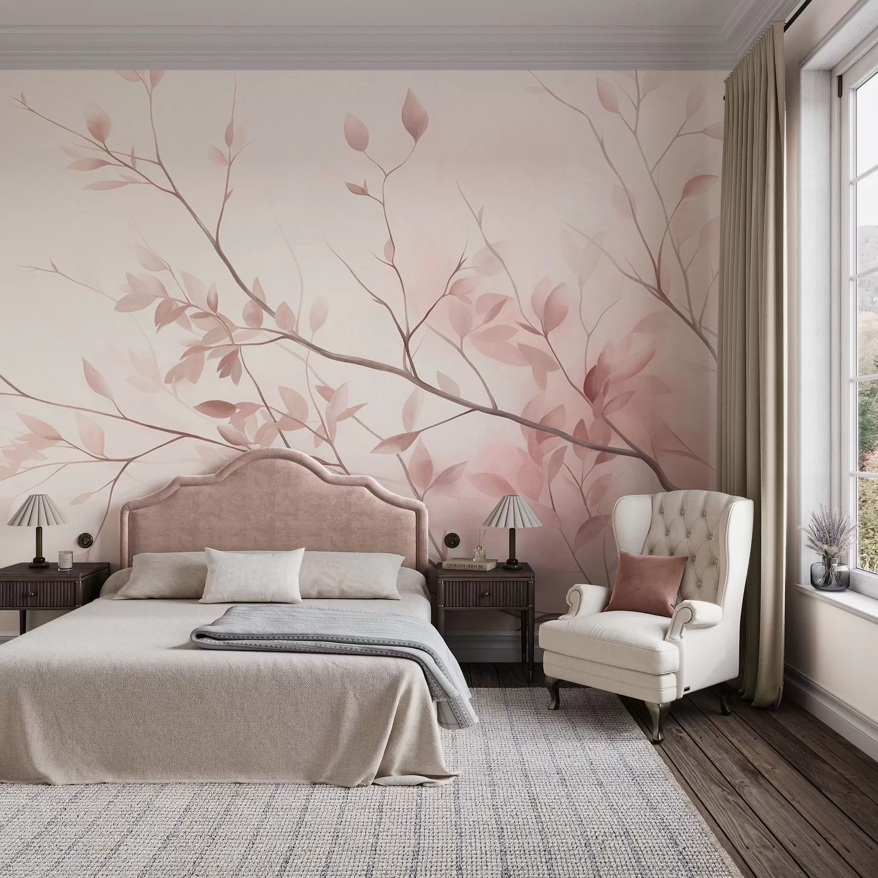 wall murals Delicate branches with soft pink leaves against a pale background, watercolor style w09910