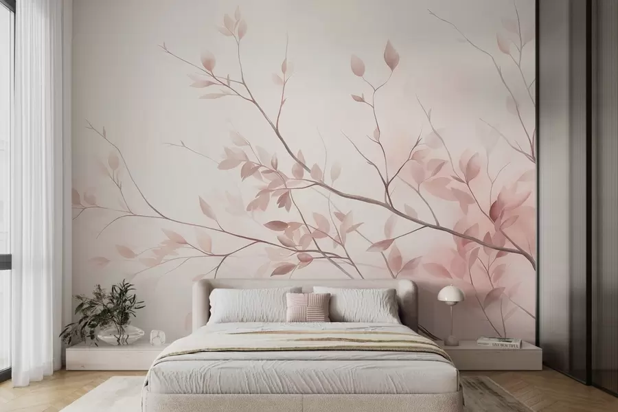 wall murals Delicate branches with soft pink leaves against a pale background, watercolor style w09910