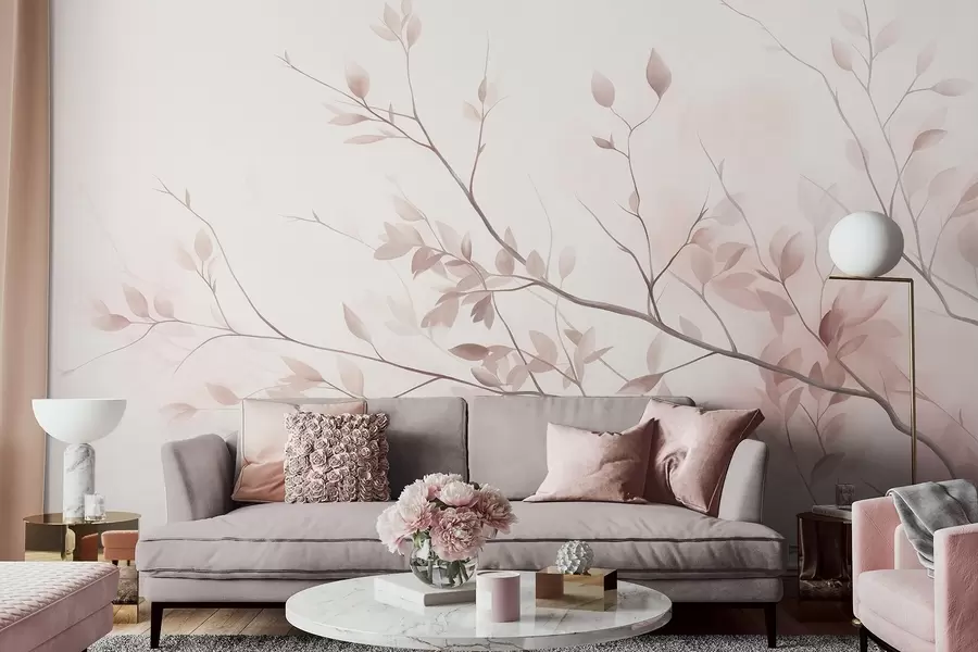 wall murals Delicate branches with soft pink leaves against a pale background, watercolor style w09910